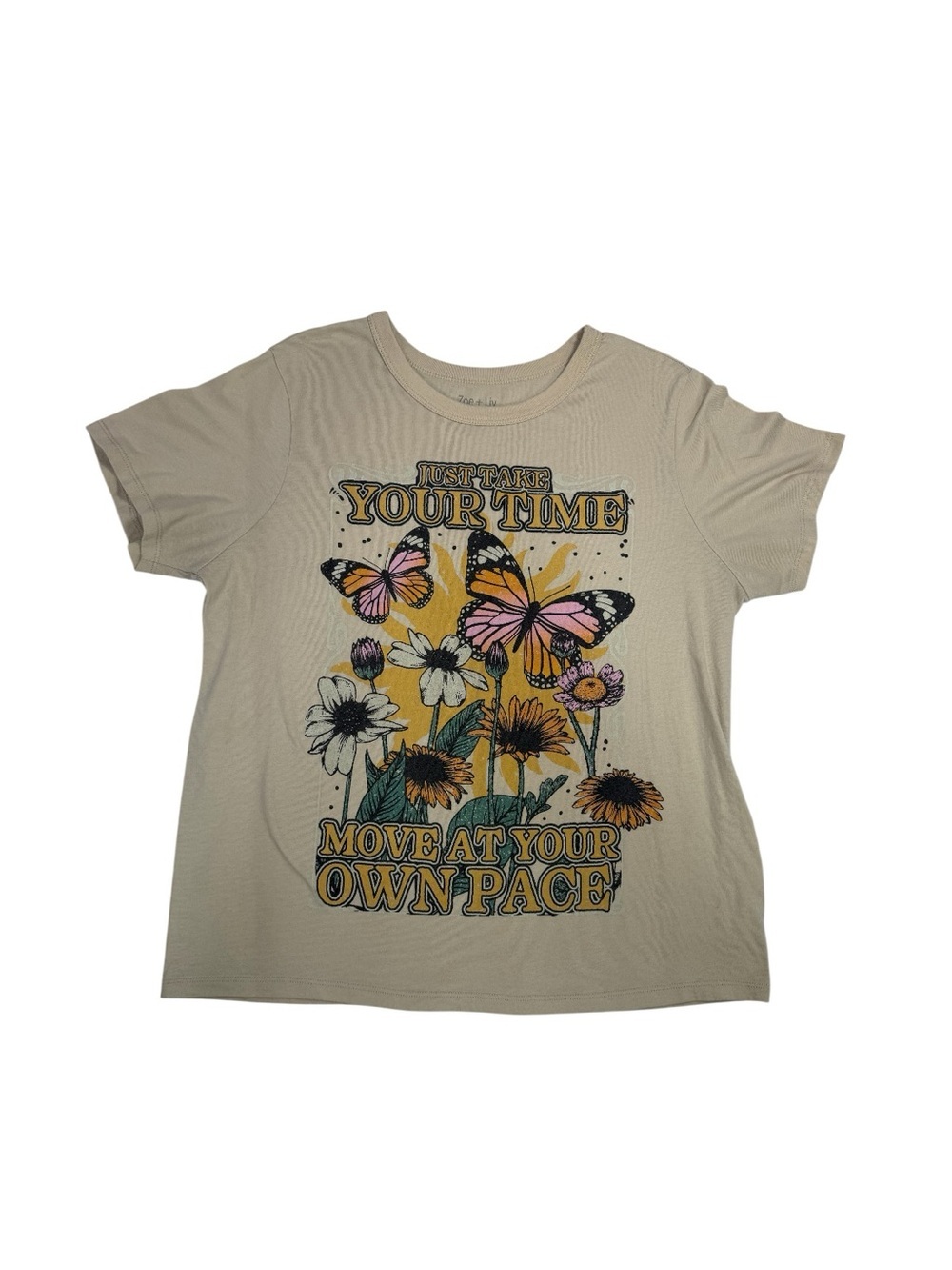 Zoe + Liv Beige Crewneck Tee with Butterfly Print  Size Large